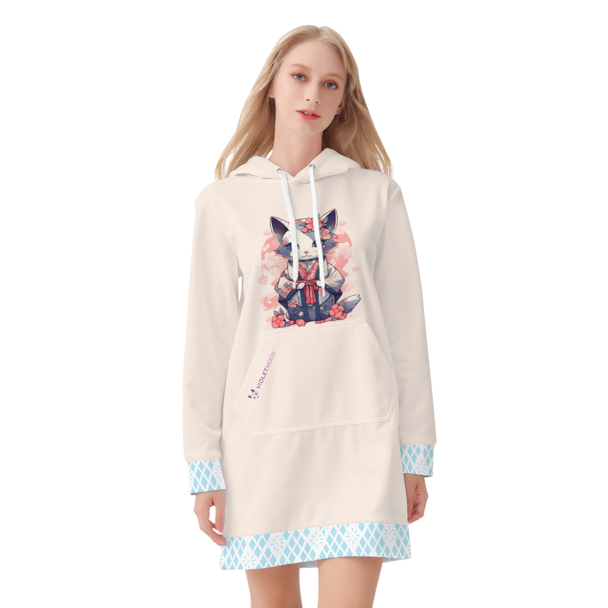 Vestido Hoodie  - Gatita con Kimono Con Detalles azul