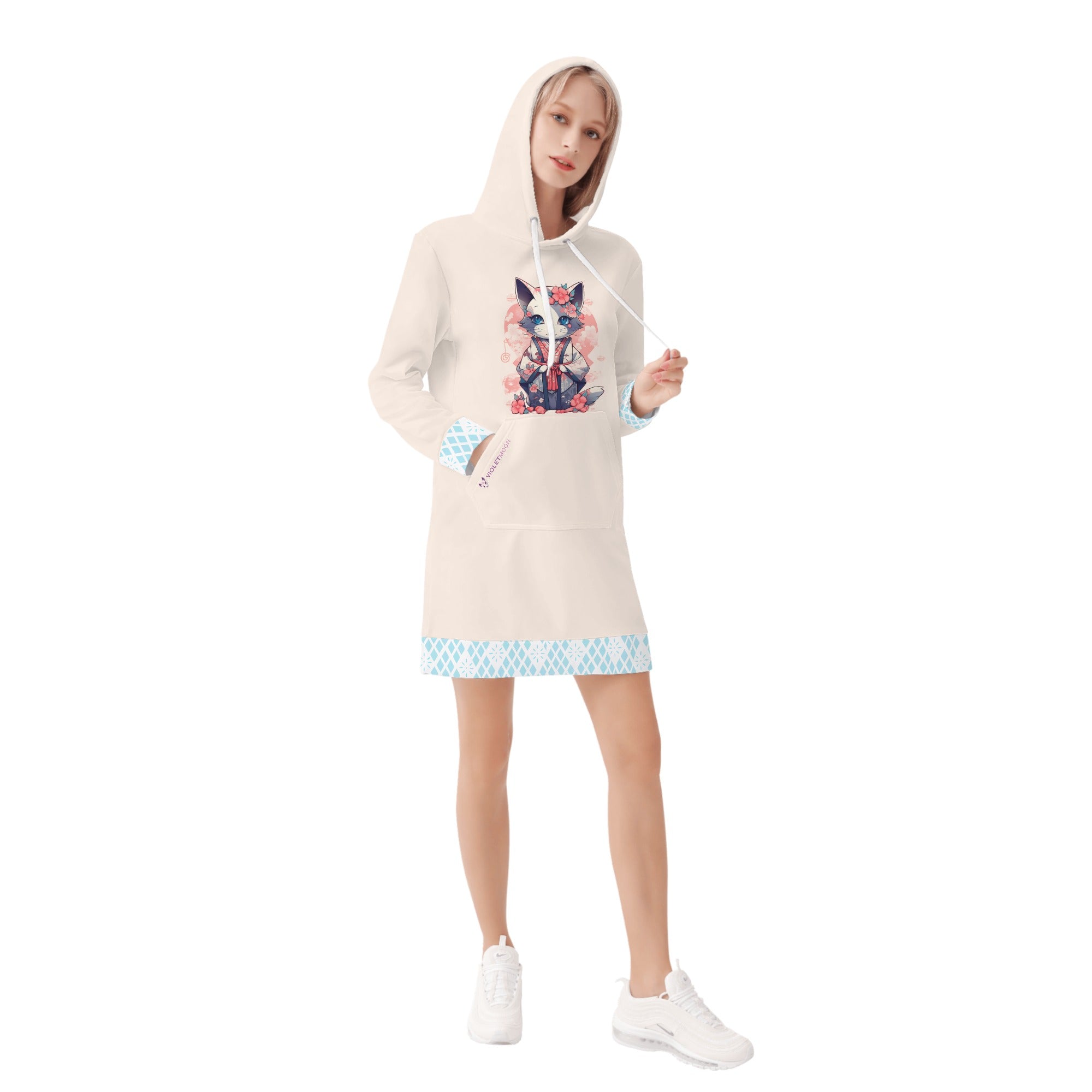 Vestido Hoodie  - Gatita con Kimono Con Detalles azul