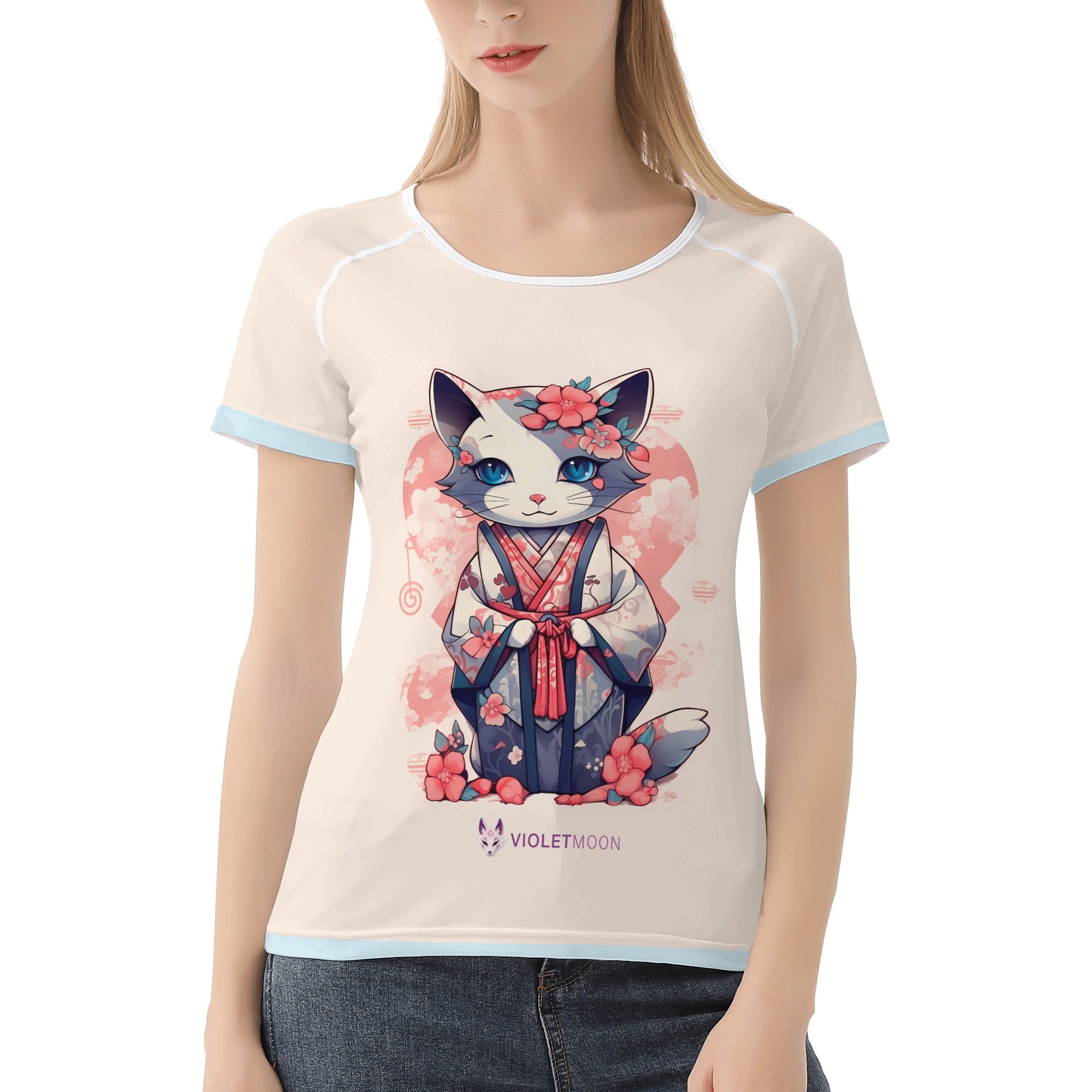 Camiseta estilo  diseño retro Japonés -- Gata con Kimono