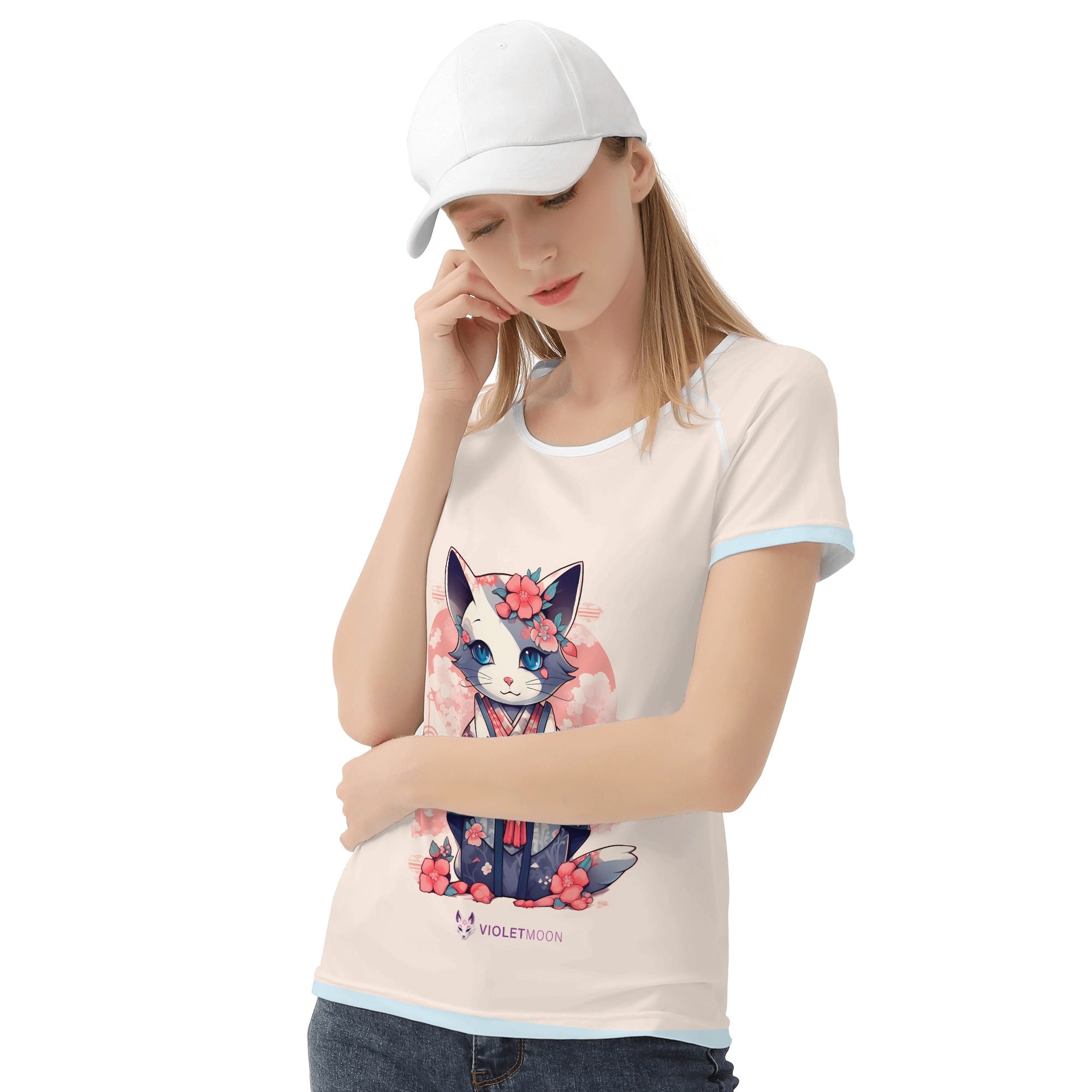 Camiseta estilo  diseño retro Japonés -- Gata con Kimono