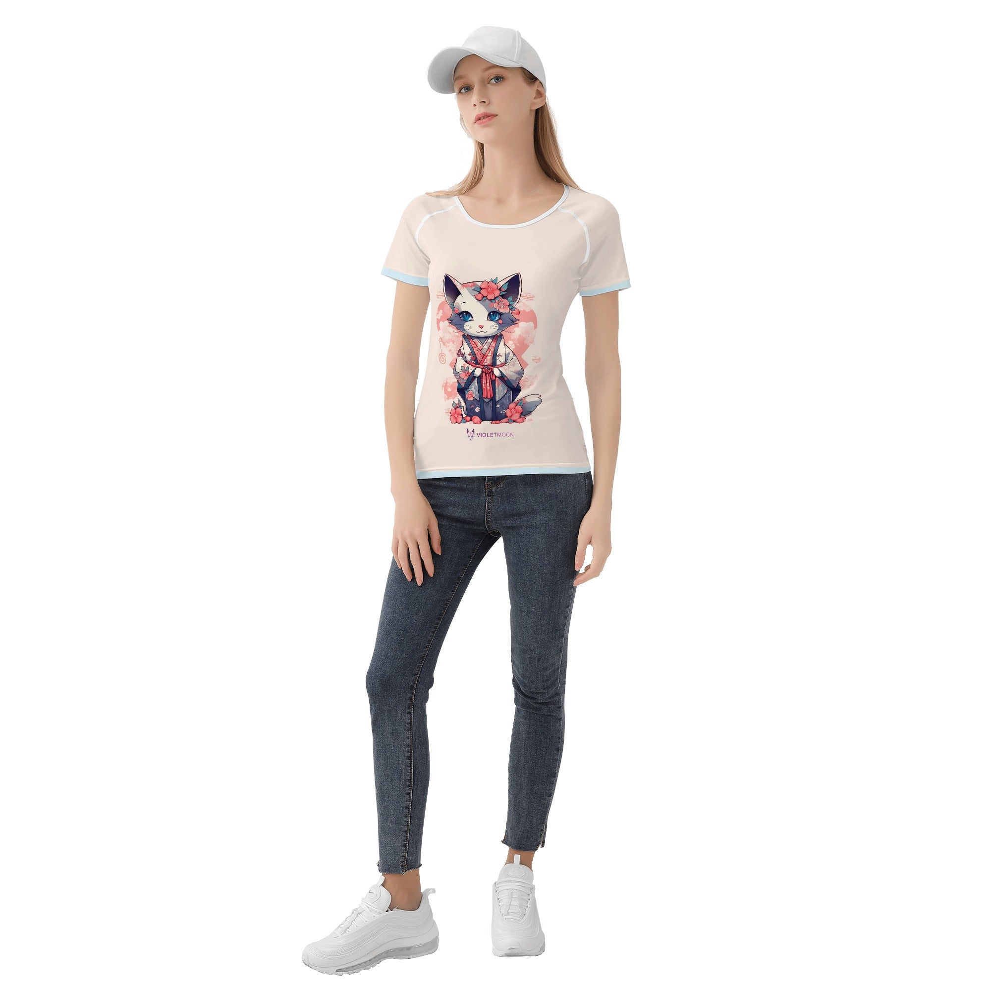 Camiseta estilo  diseño retro Japonés -- Gata con Kimono