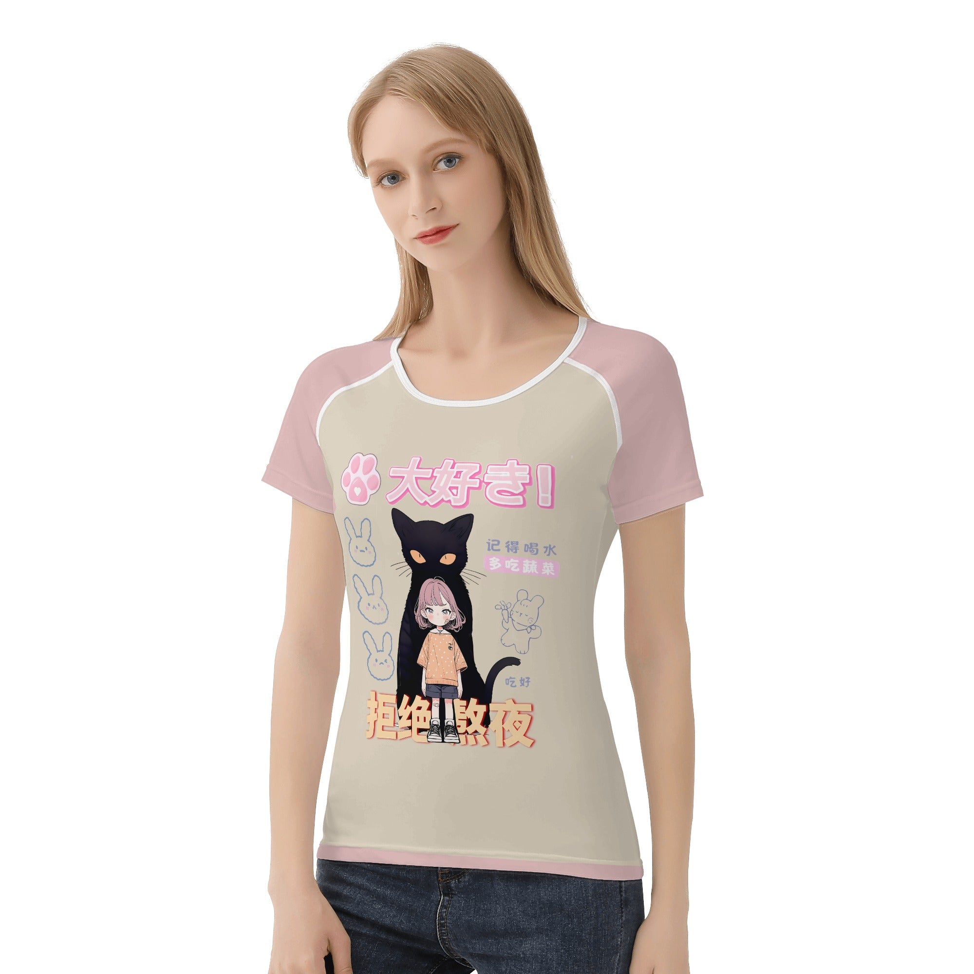 Camiseta estilo Magazine diseño retro Japonés -- Niña y su Gato