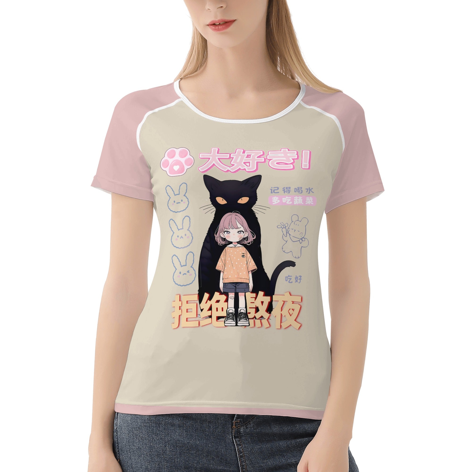 Camiseta estilo Magazine diseño retro Japonés -- Niña y su Gato