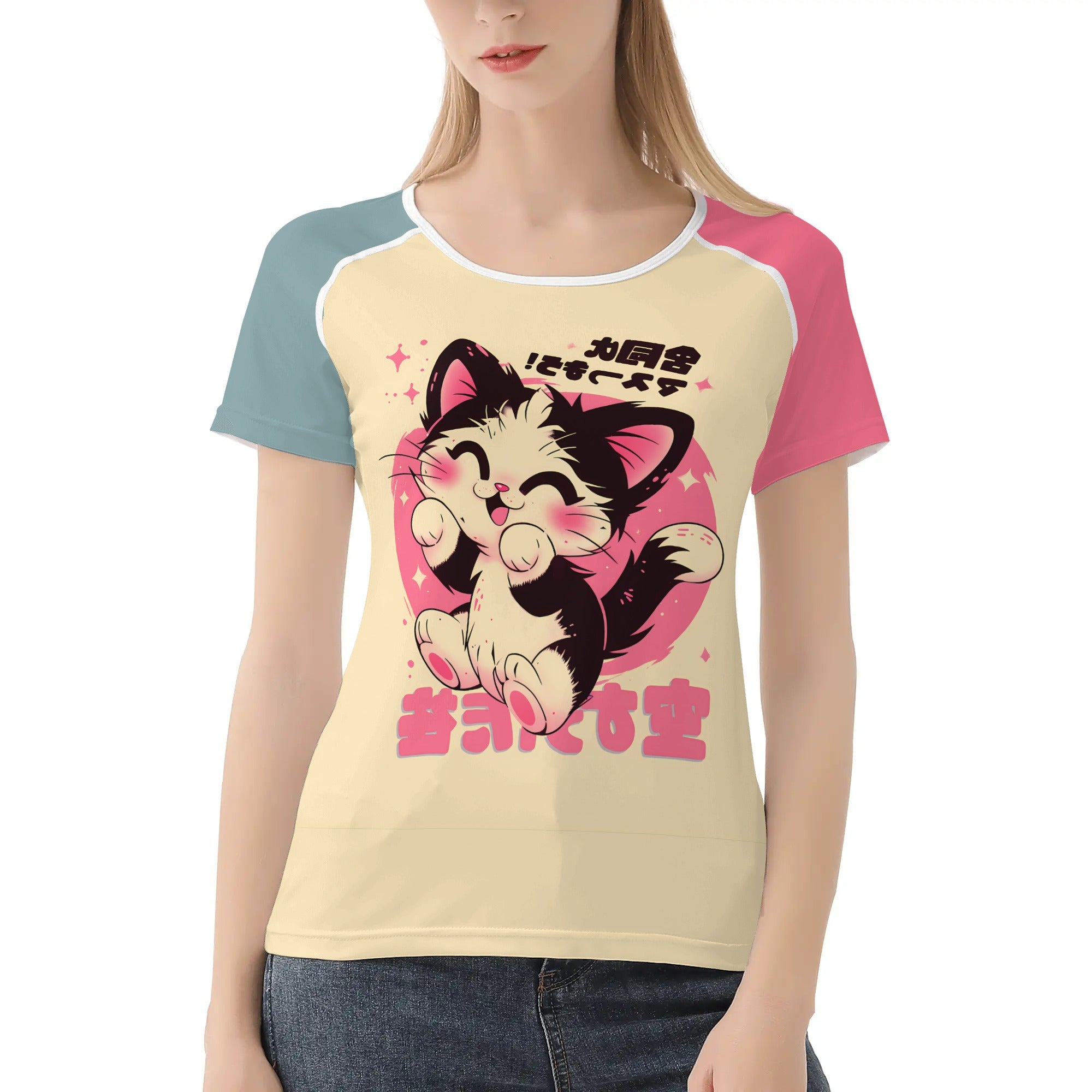 Camiseta kawaii de gatito feliz – Estilo japonés con colores pastel y diseño adorable 🐾🎀💫