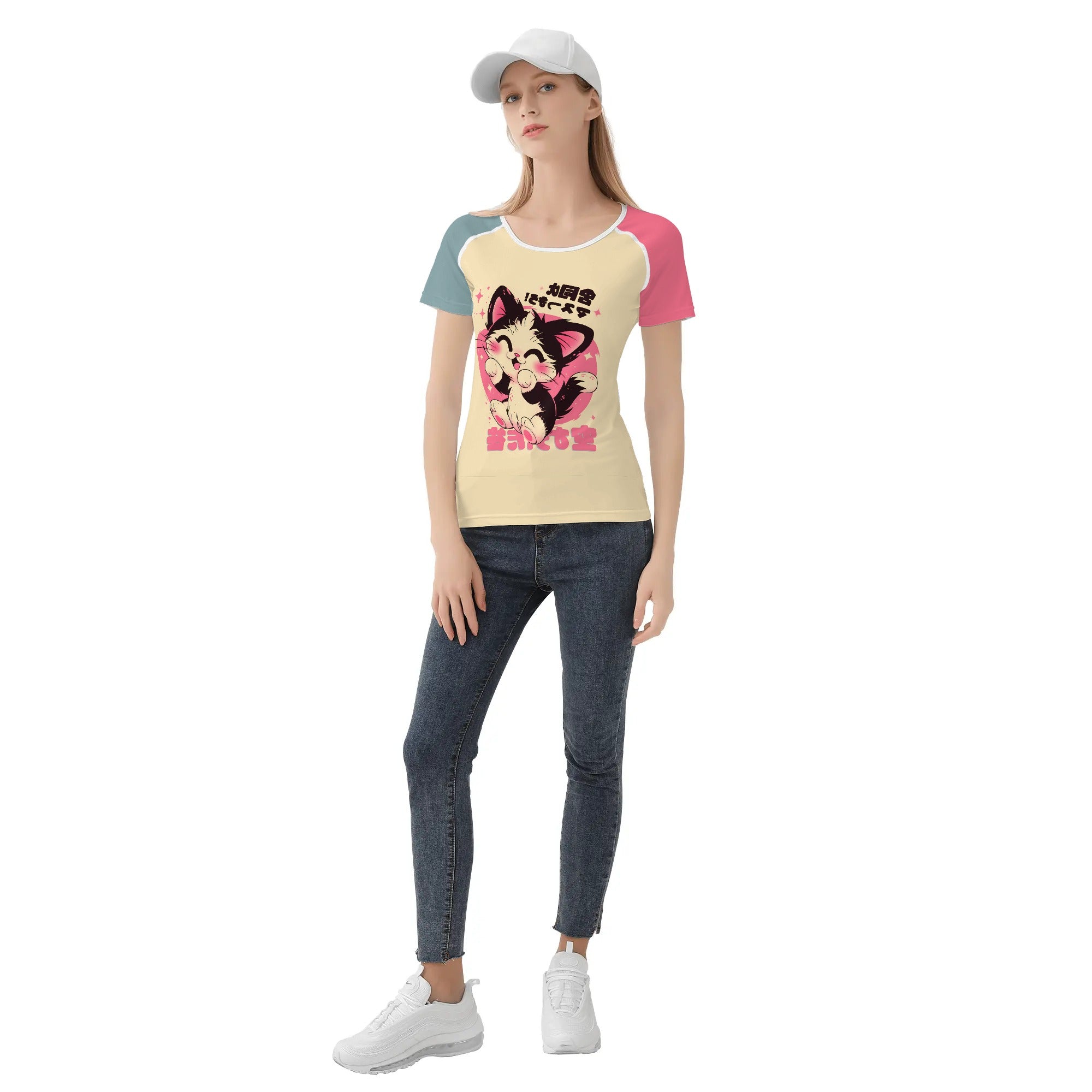 Camiseta kawaii de gatito feliz – Estilo japonés con colores pastel y diseño adorable 🐾🎀💫