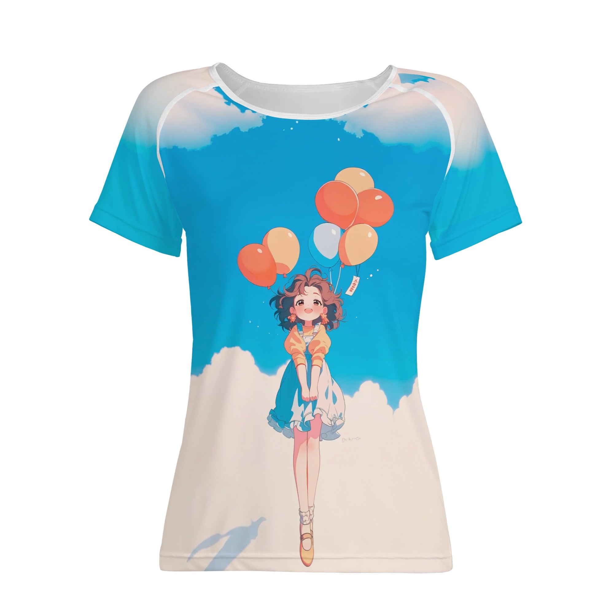 Camiseta mujer manga corta kawaii - Chica con globos de aire.