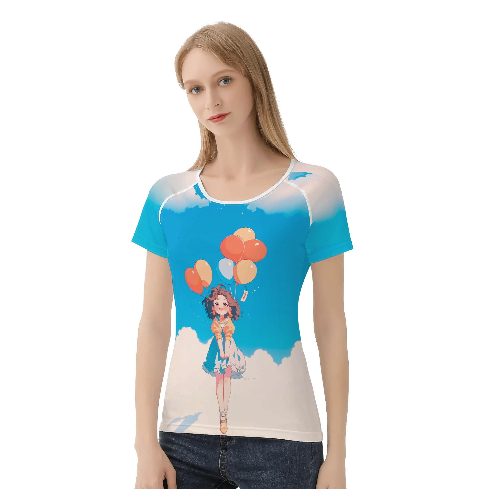 Camiseta de diseño anime kawaii – Ilustración de chica flotando con globos sobre cielo azul 🌤️🎈✨