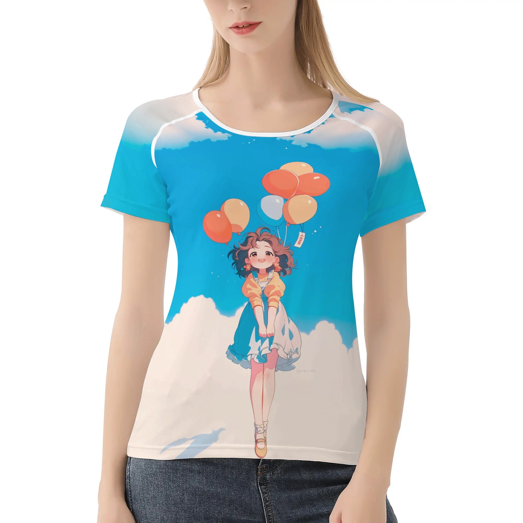 Camiseta de diseño anime kawaii – Ilustración de chica flotando con globos sobre cielo azul 🌤️🎈✨