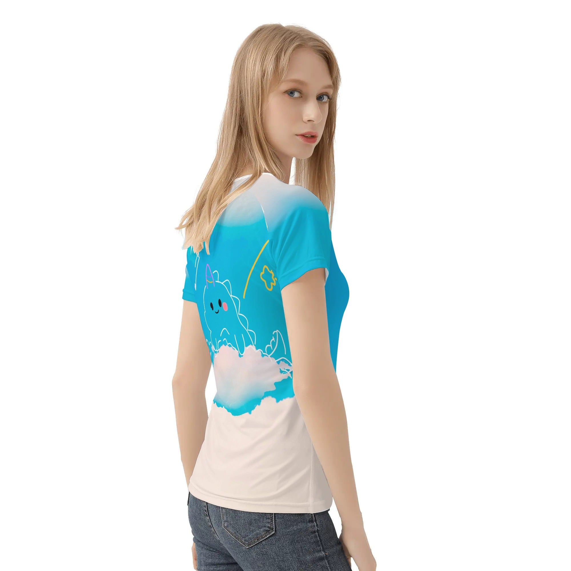 Camiseta mujer manga corta kawaii - Chica con globos de aire.