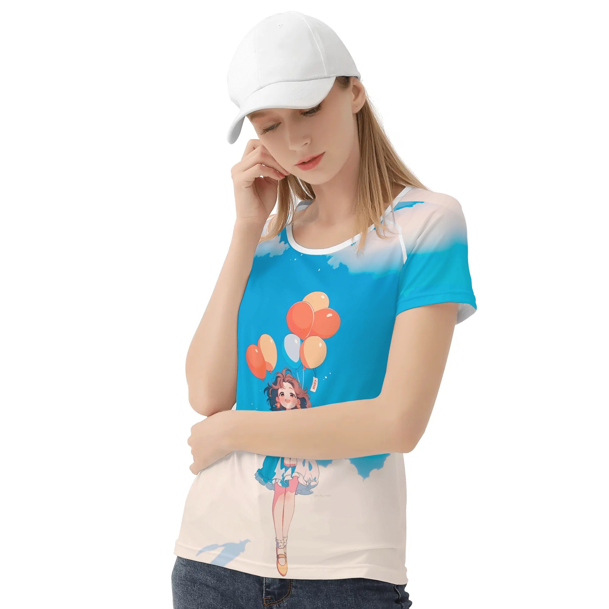 Camiseta de diseño anime kawaii – Ilustración de chica flotando con globos sobre cielo azul 🌤️🎈✨