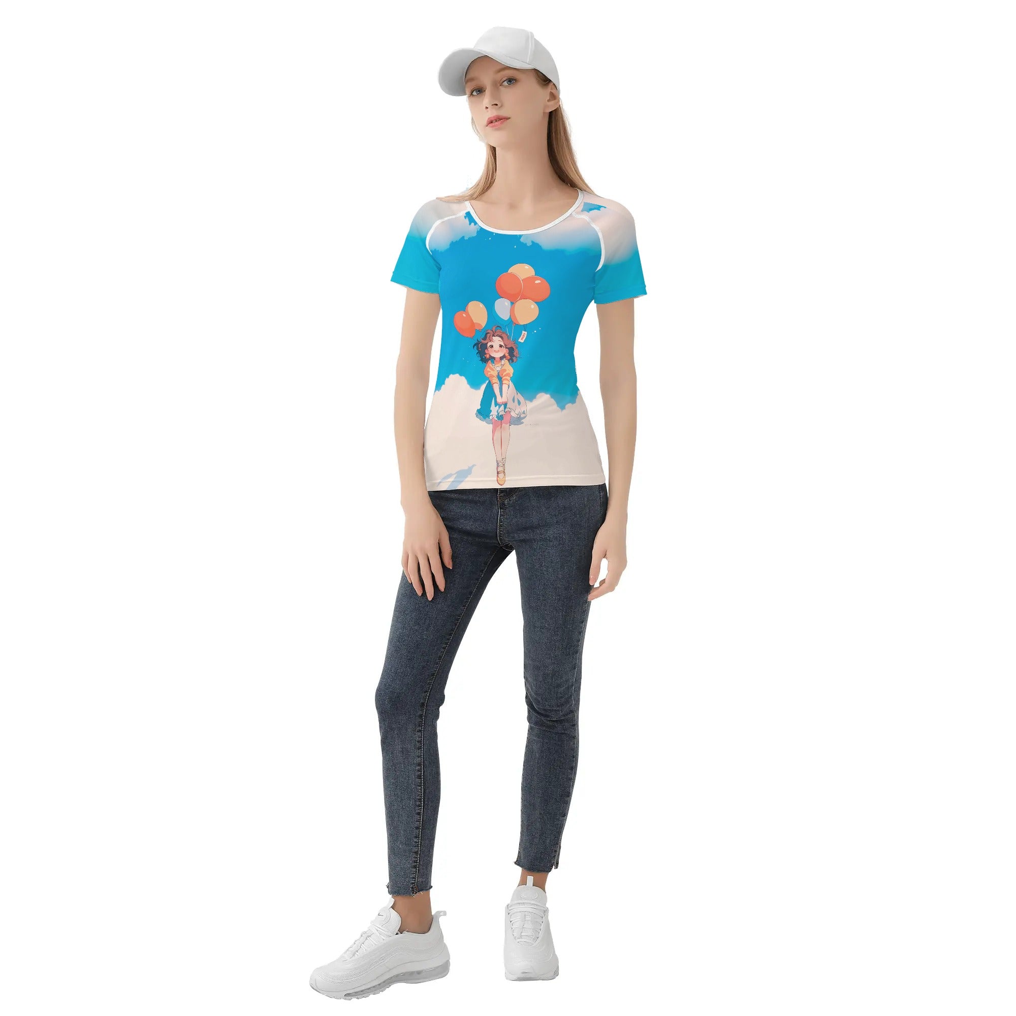 Camiseta de diseño anime kawaii – Ilustración de chica flotando con globos sobre cielo azul 🌤️🎈✨