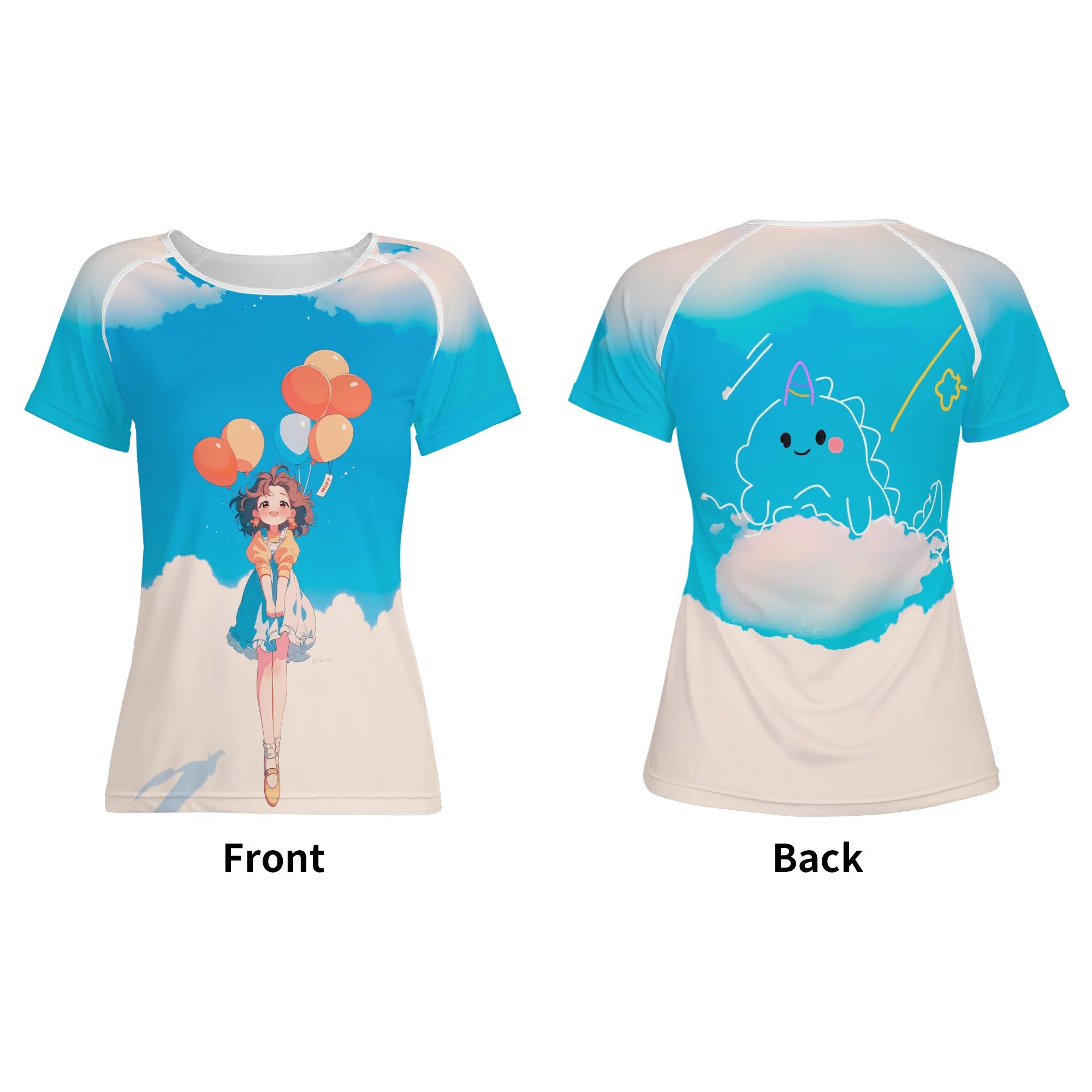 Camiseta de diseño anime kawaii – Ilustración de chica flotando con globos sobre cielo azul 🌤️🎈✨