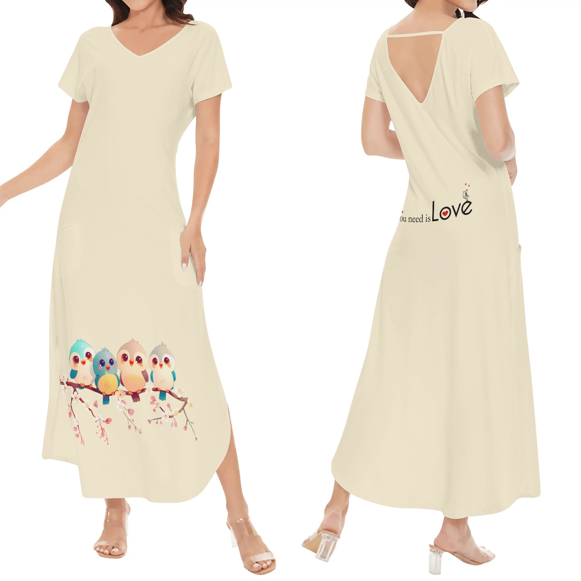 Vestido Mujer Manga Corta -- Cute Kawaii pájaros - Love