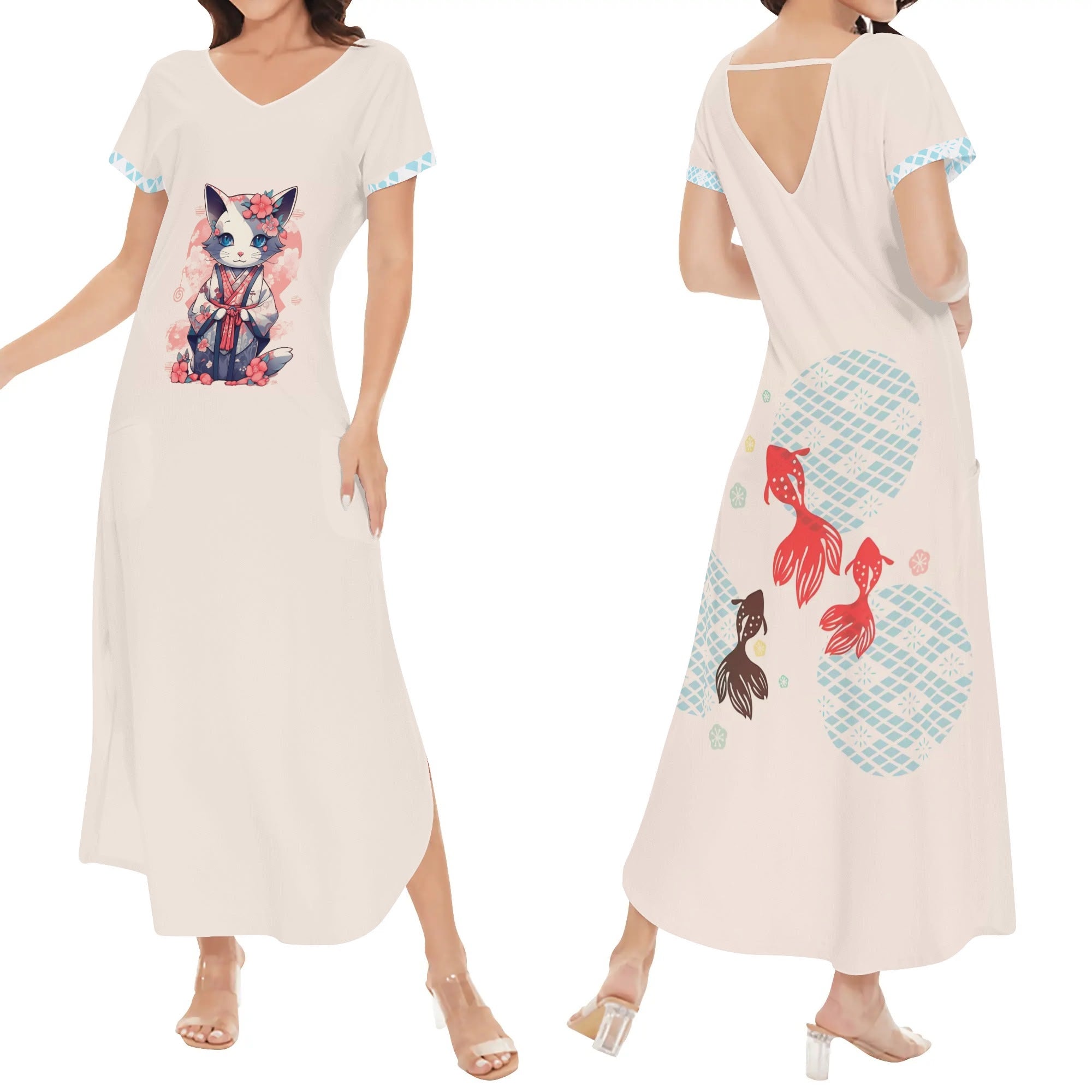 Vestido Mujer Manga Corta -- Gata kimono detalles Japoneses