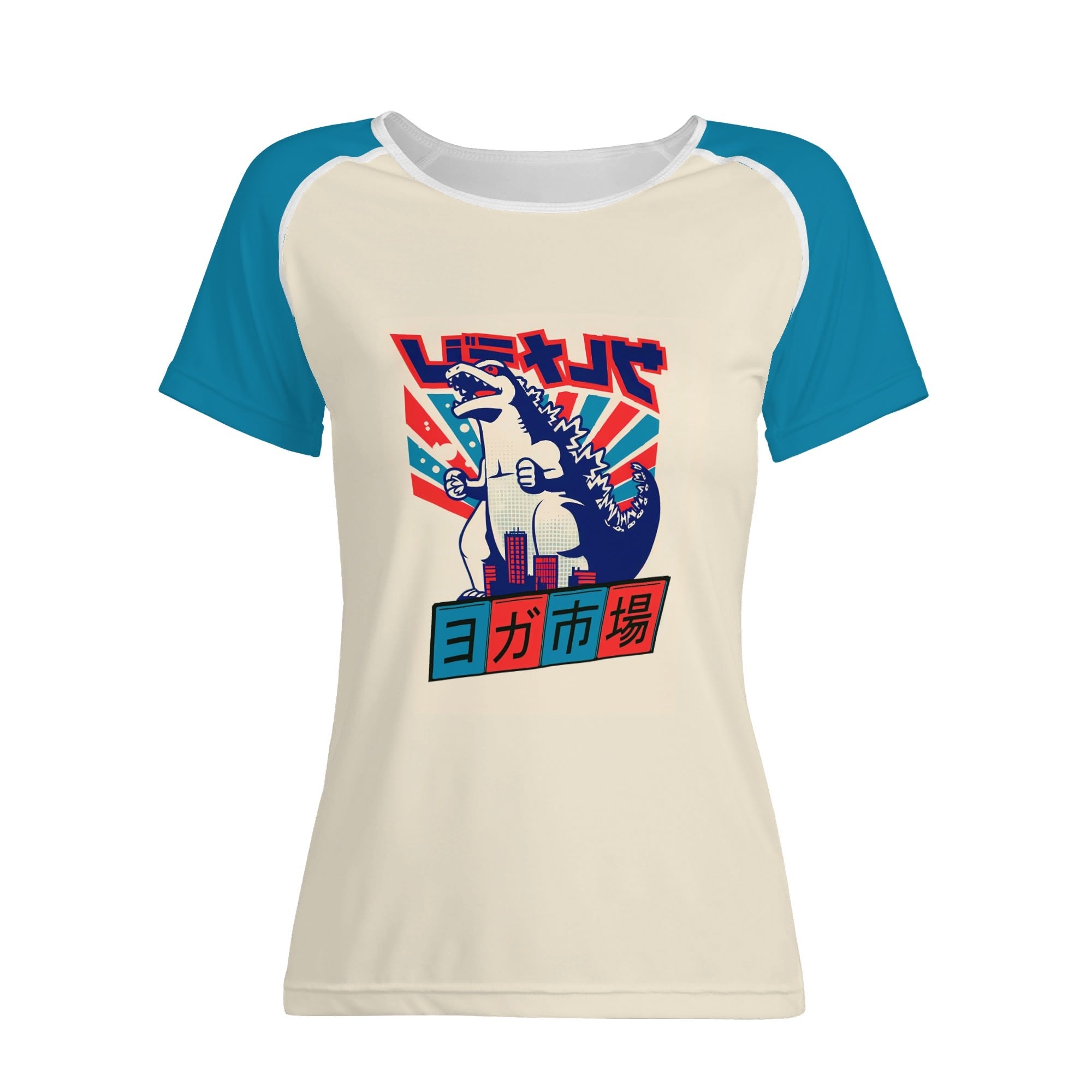 Camiseta estilo japonés retro – Diseño de monstruo urbano tipo Godzilla con letras japonesas 🦖🏙️🎌