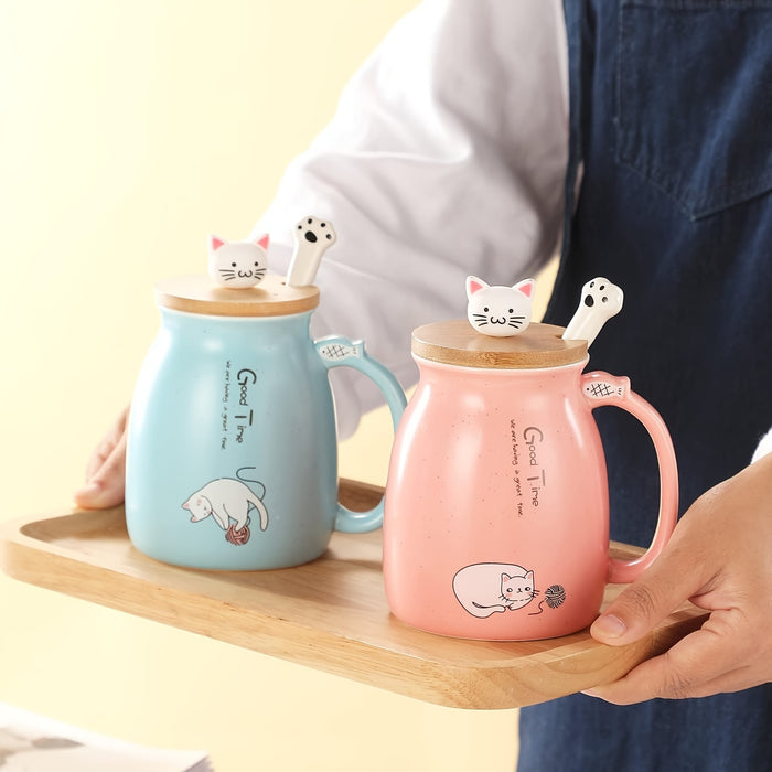 Cute Cat Mug Kawaii Ceramic Tea Cup w Lid  Spoon