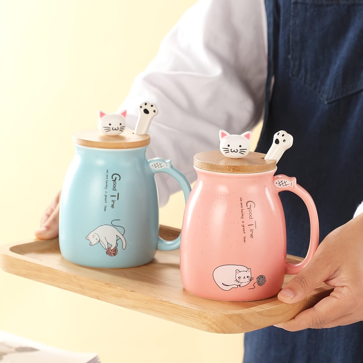 Cute Cat Mug Kawaii Ceramic Tea Cup w Lid  Spoon