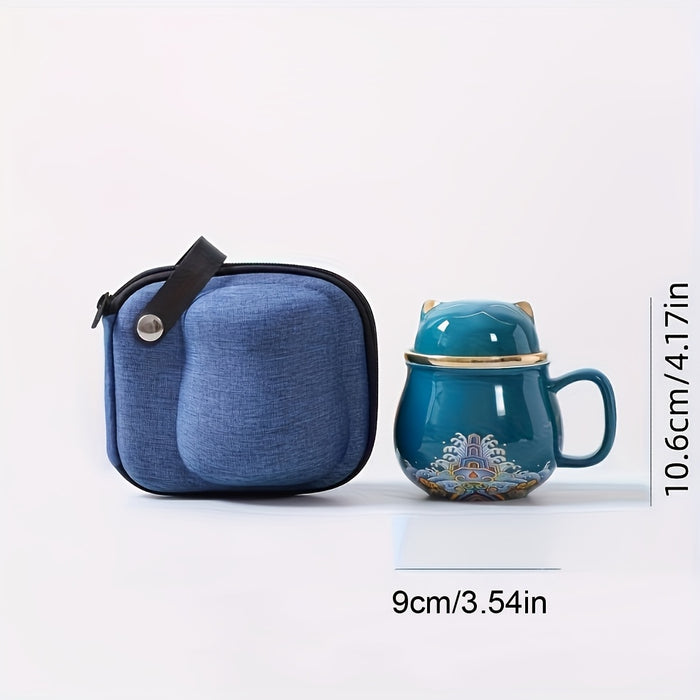 Taza de t con gato de la suerte chino y bolsa de viaje taza de t de cermica con infusor y tapa recipiente para bebidas porttil